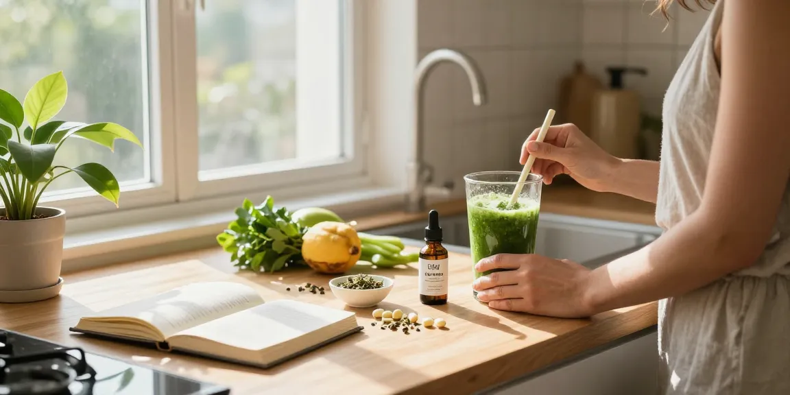 thc vape uk and organic CBD oil surrounded by fresh herbs and wellness items in a modern kitchen.