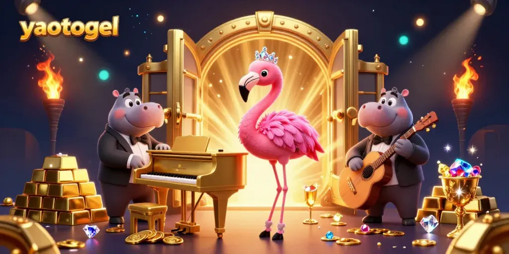 Experience excitement at yaotogel with vibrant characters and glimmering casino elements in a detailed 3D illustration.