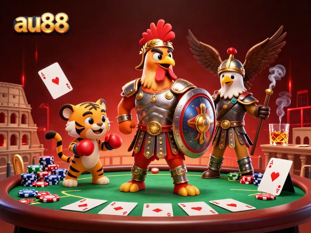 Experience the excitement of au88 with a vibrant scene featuring a gladiator rooster and poker elements.