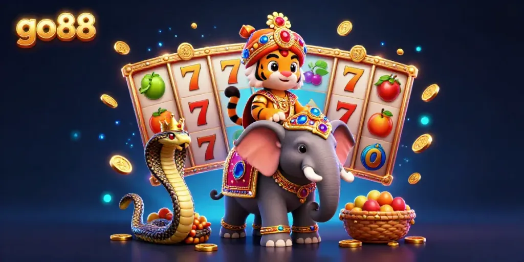 Engage with go88's thrilling slot games through a captivating digital scene featuring a majestic tiger and elephant.