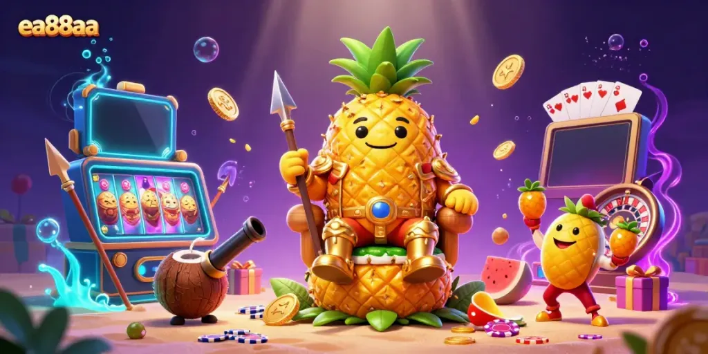 Experience thrilling gameplay at ea88aa with a vibrant casino scene featuring the golden pineapple king and interactive game elements.