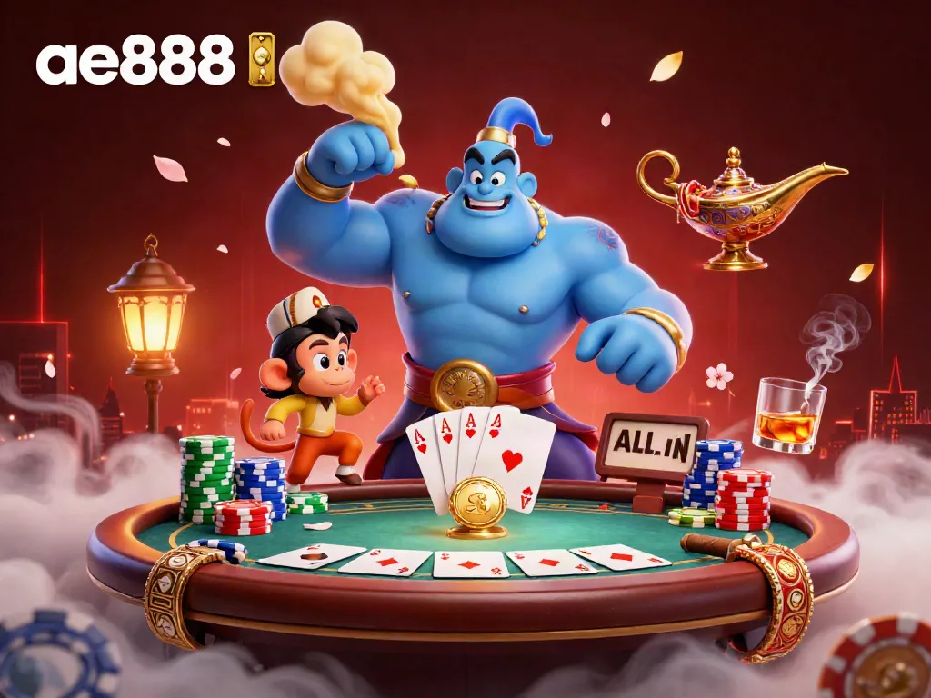 Engage with ae888 thrilling casino scene featuring a genie, poker elements, and a vibrant atmosphere.