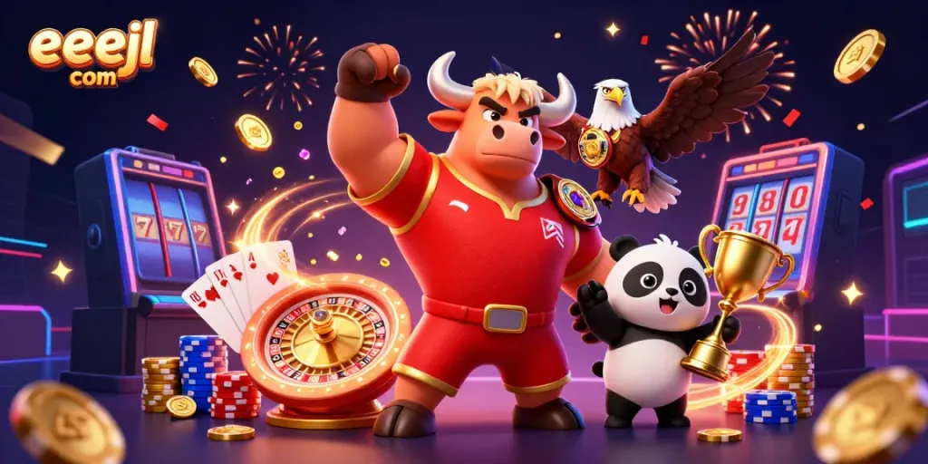 Celebrate winnings at eejl com with a victorious bull mascot and friends surrounded by casino elements.