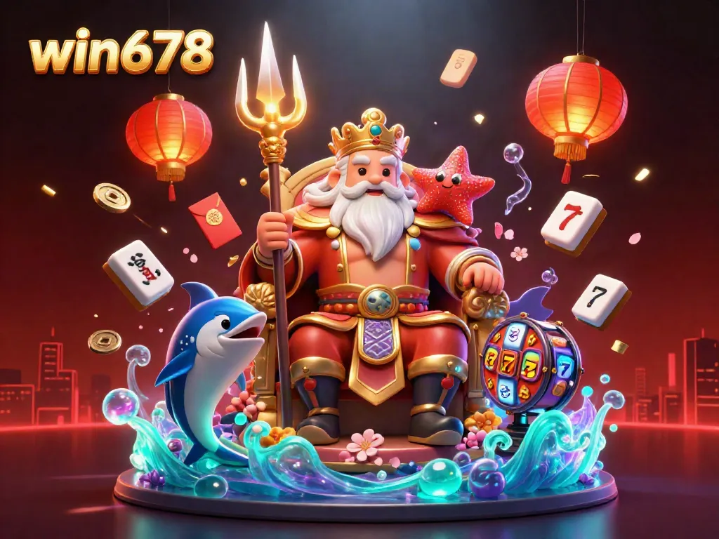 Engage in the vibrant world of win678, featuring a dynamic casino scene with iconic slot symbols and rich decorations.