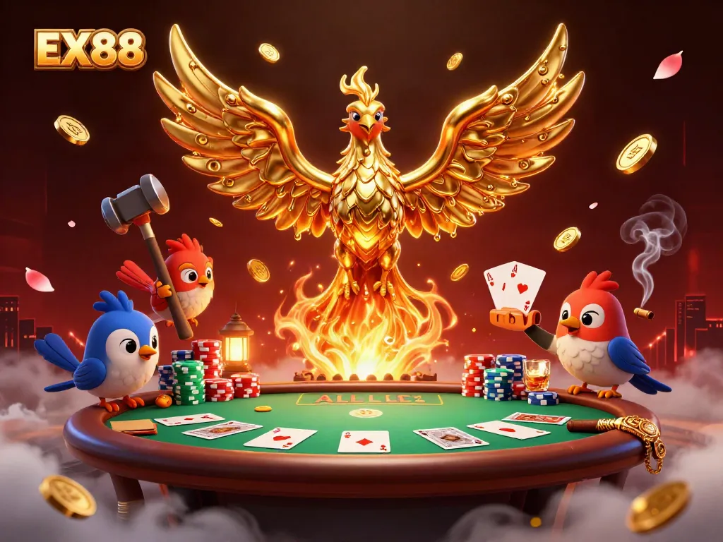 Experience the thrill of EX88 gaming with a dynamic casino scene featuring a golden phoenix and poker elements.