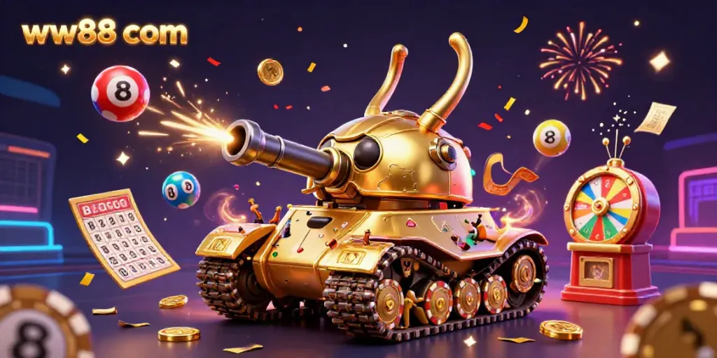 Experience thrilling gameplay at ww88 com with a vibrant 3D illustration featuring casino elements.