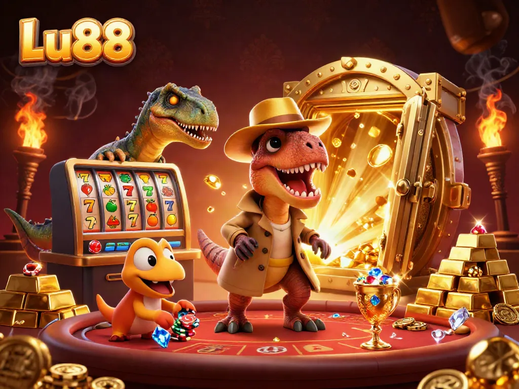 Join the action at Lu88 with a cartoon velociraptor playing blackjack in a bustling casino scene filled with gold.