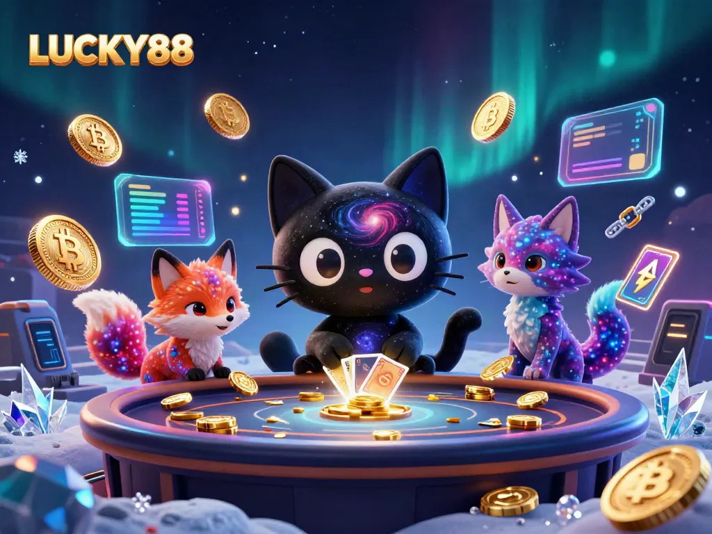 LUCKY88 cat draws in golden chips and cards at a cosmic casino table with colorful fox