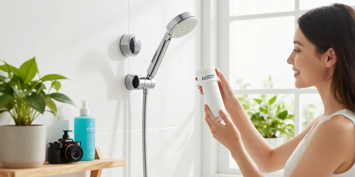 Waterdrop AQ-4125 Shower Filter Replacement for Aquasana® AQ 4125 being installed in a bright bathroom.
