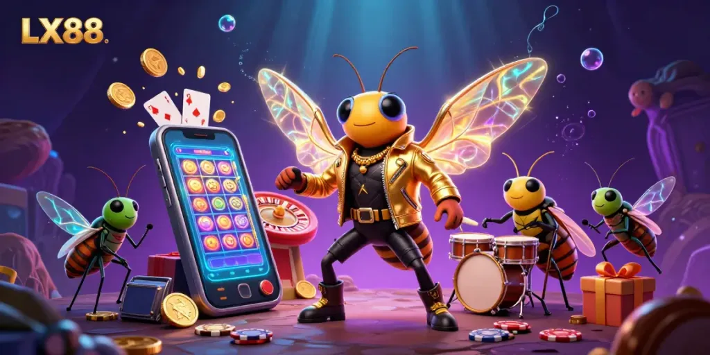 Experience the excitement of LX88 with a rock star cicada in an energetic casino scene, showcasing vibrant games and dynamic action.