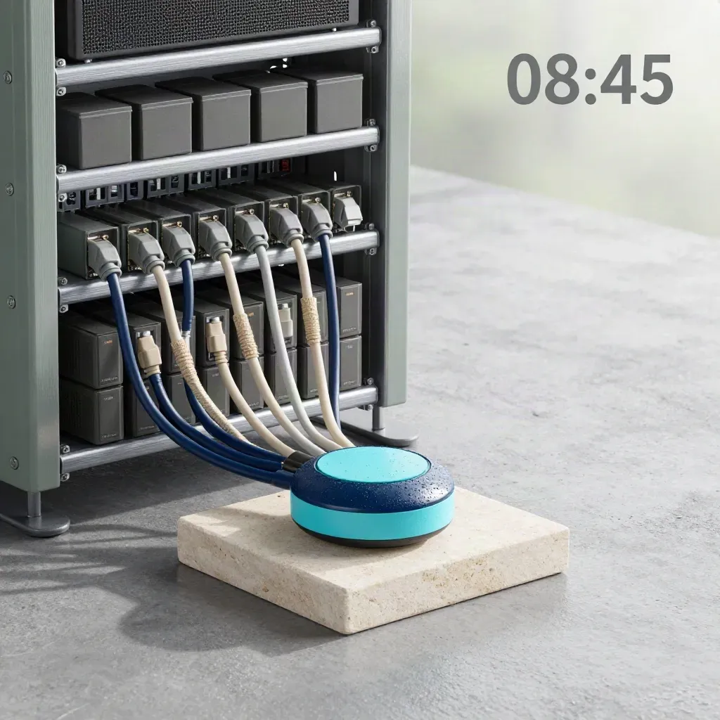 Rack rails, fibre leads, SSD cartridges and a cyan status module on rain-soft stone.