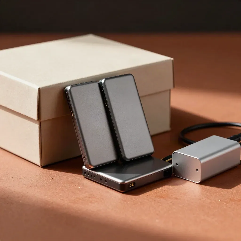 External SSDs, archive box and power brick in a warm terracotta backup still life.