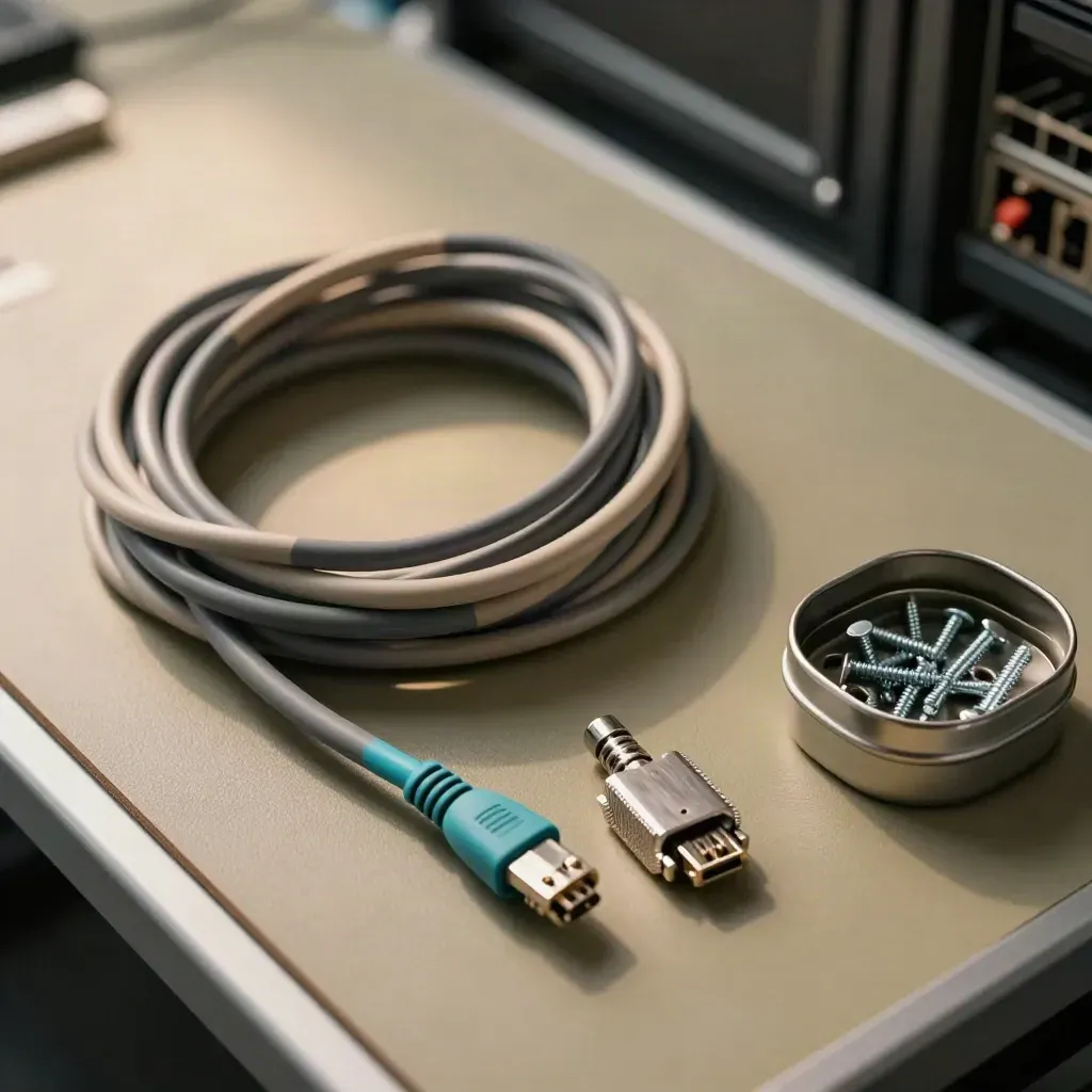 Top-down macro of patch cables, tester, security key and screw tin on a server bench.