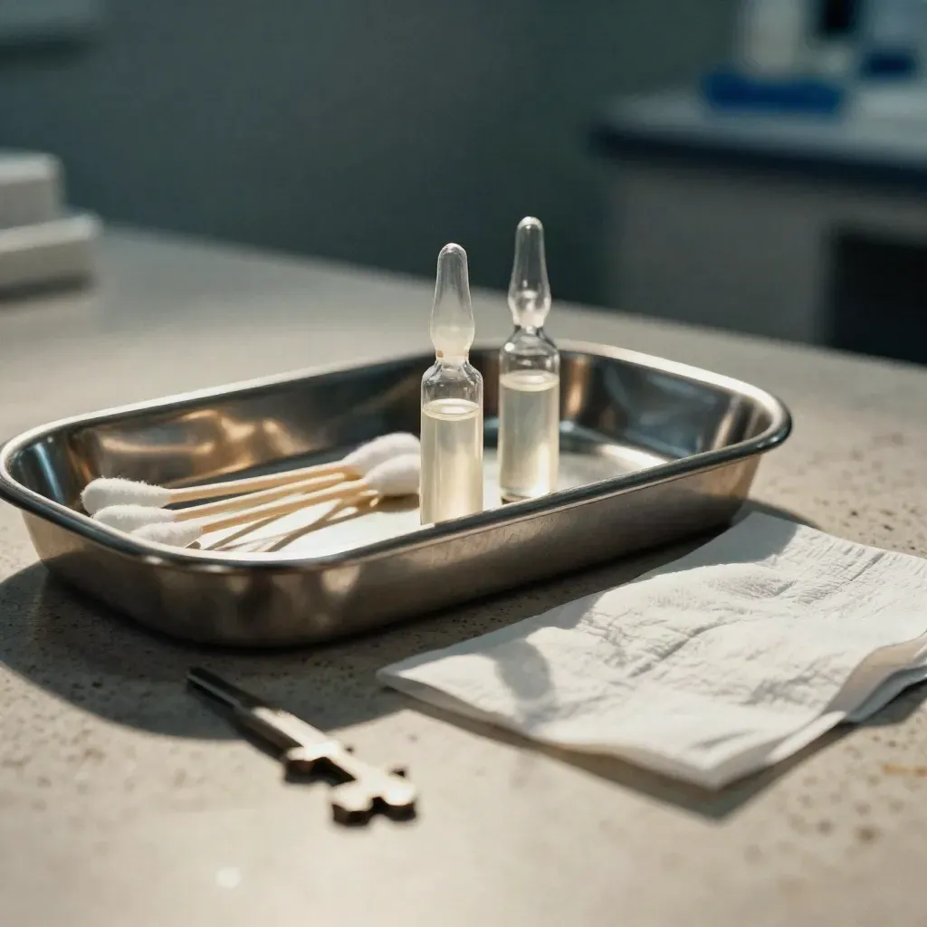 Stainless tray with ampoules, swabs and sterile wrap in dramatic clinic light.