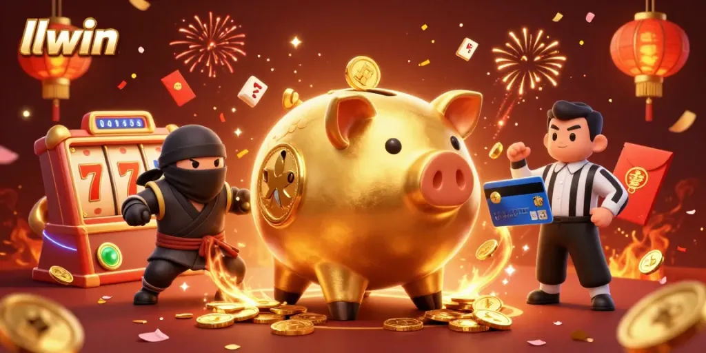Catch llwin's exciting jackpot winning scene showcasing a golden piggy bank sumo wrestler and vibrant casino elements.