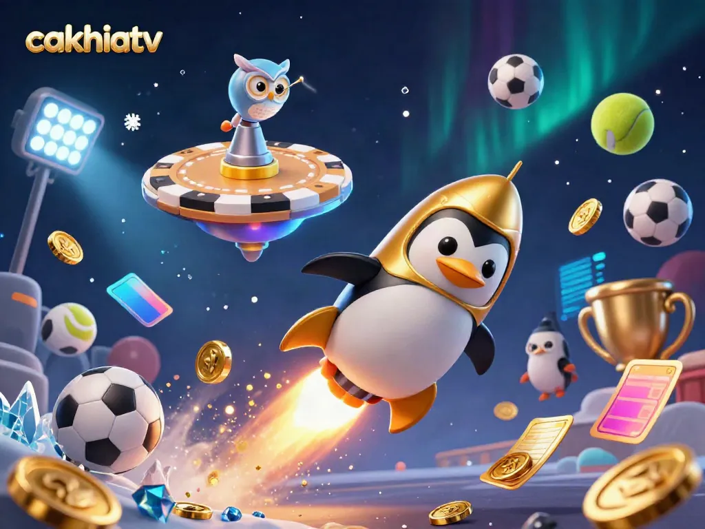 Watch the cakhiatv golden penguin zooming toward a casino poker chip with dynamic sports elements.