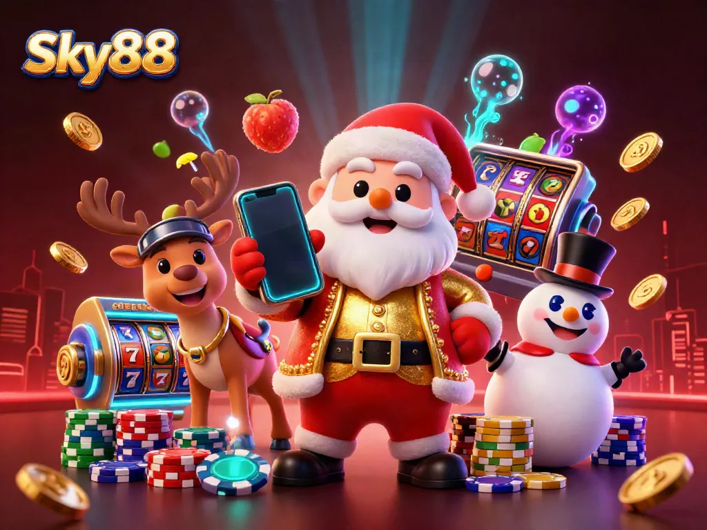 Sky88 brings excitement with a vibrant casino scene featuring Santa and games.