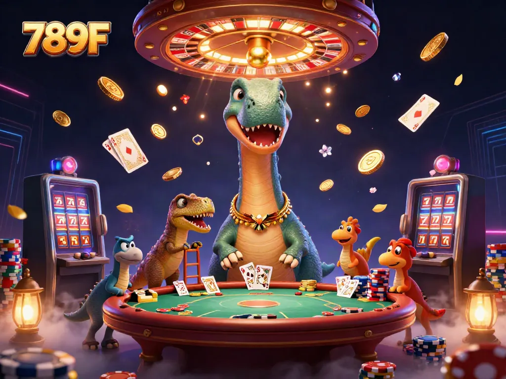 Experience thrilling gameplay at 789F with a dynamic casino scene featuring unique characters and vibrant game elements.