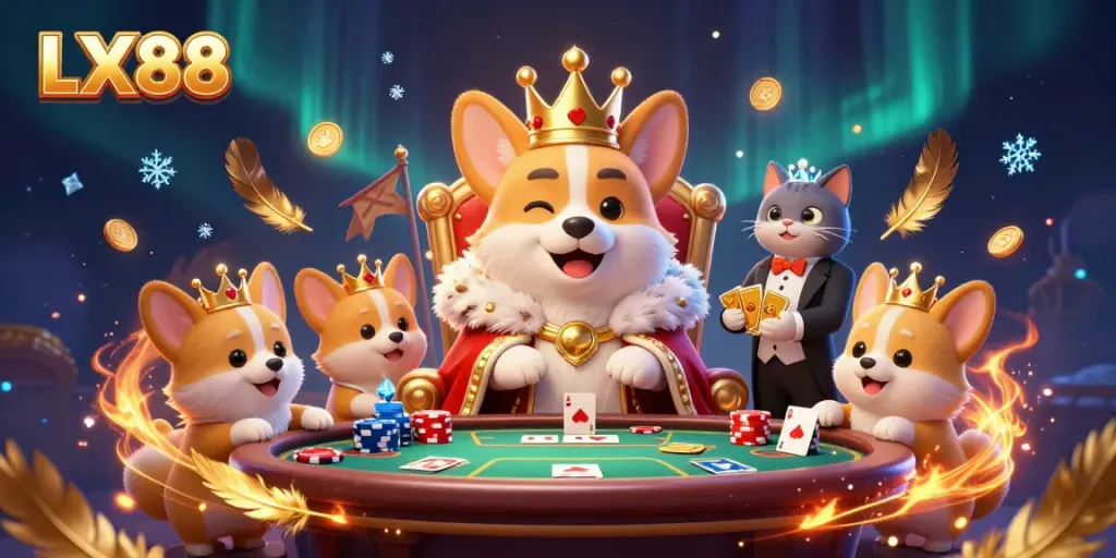Experience excitement at LX88 with a royal corgi ruling a poker scene rich with gameplay elements.