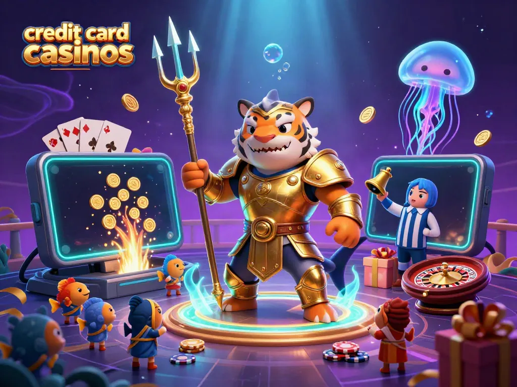 Engaging scene of a ferocious tiger shark in gladiator armor representing credit card casinos in a vibrant underwater colosseum.