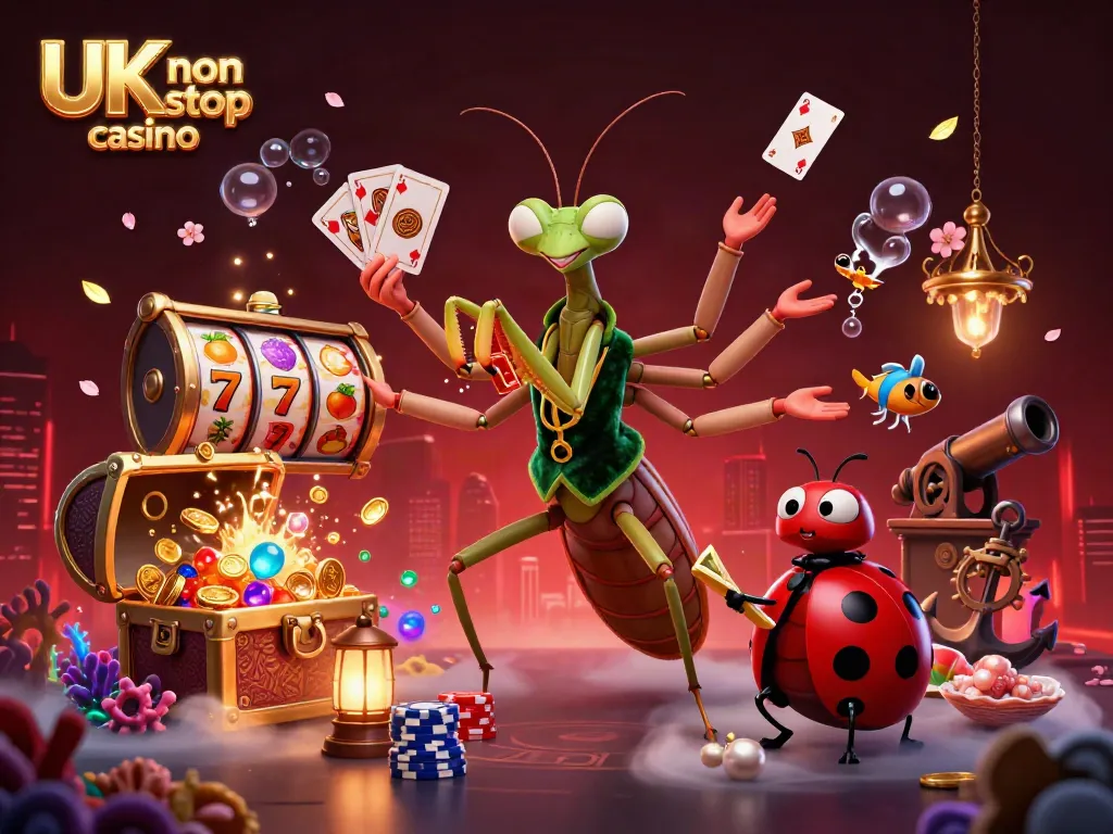 Engage in thrilling gaming at UK non gamstop casino with a lively scene featuring a whimsical mantis and ladybug in a vibrant casino.