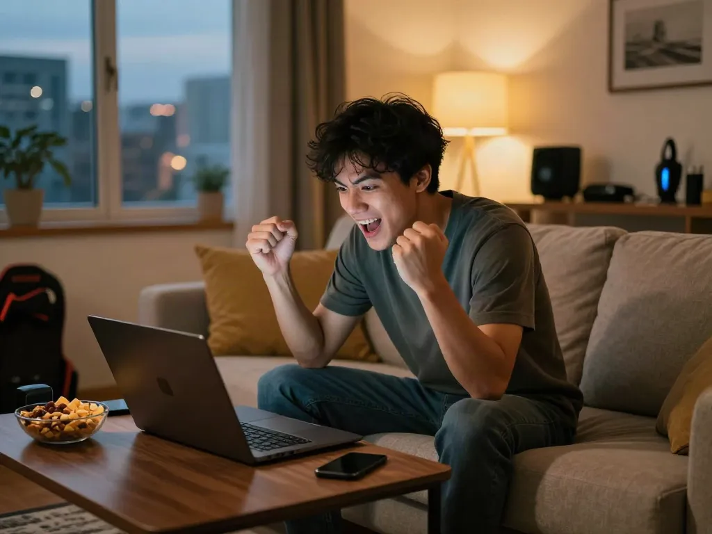 Excited young man enjoying non gamstop online gambling in a cozy room.