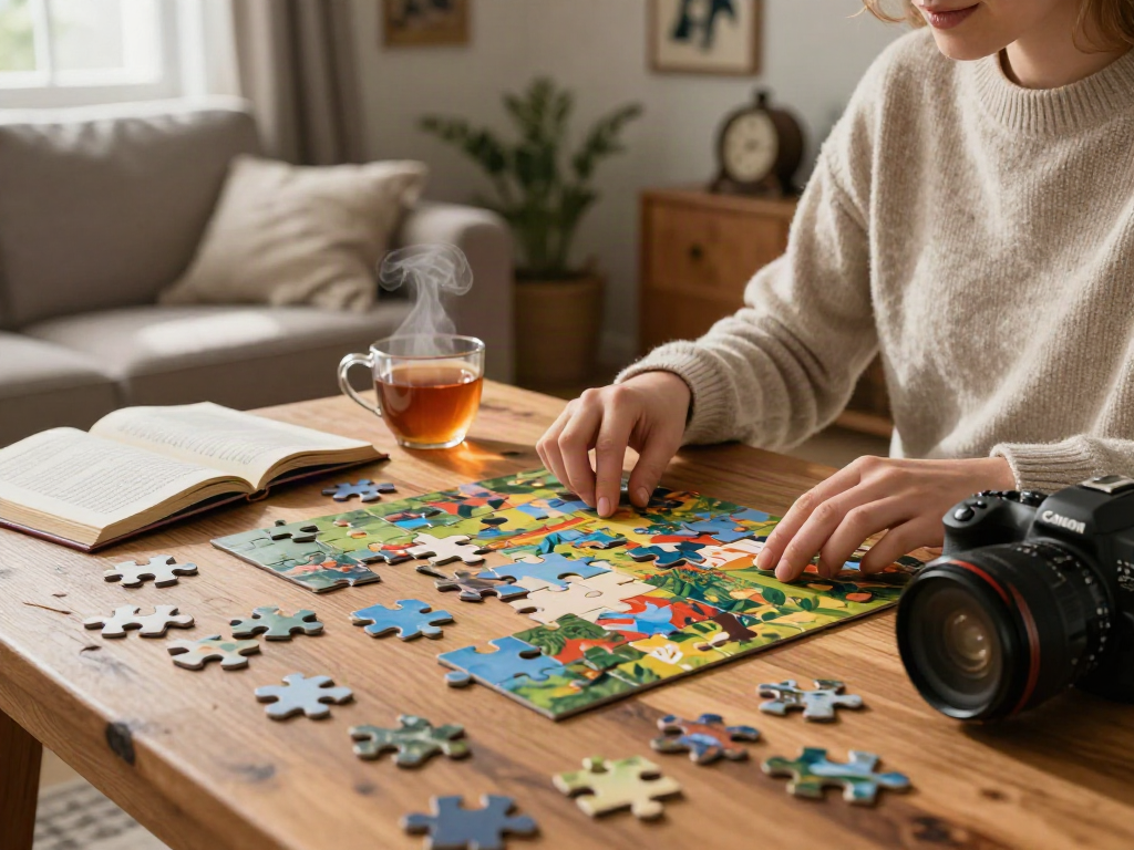 Engaging puzzle-solving scene at puzzlenoir.net with cozy ambiance