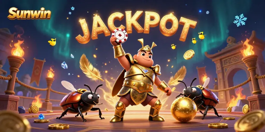 Sunwin logo illustrated by hercules beetle celebrating victory with poker chip amidst a casino theme