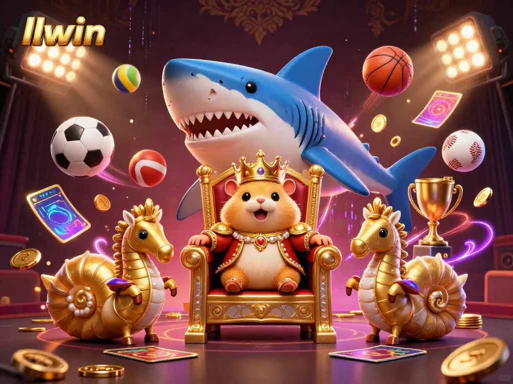 llwin casino illustration featuring a golden hamster king, seahorse guards, and a megalodon throne.