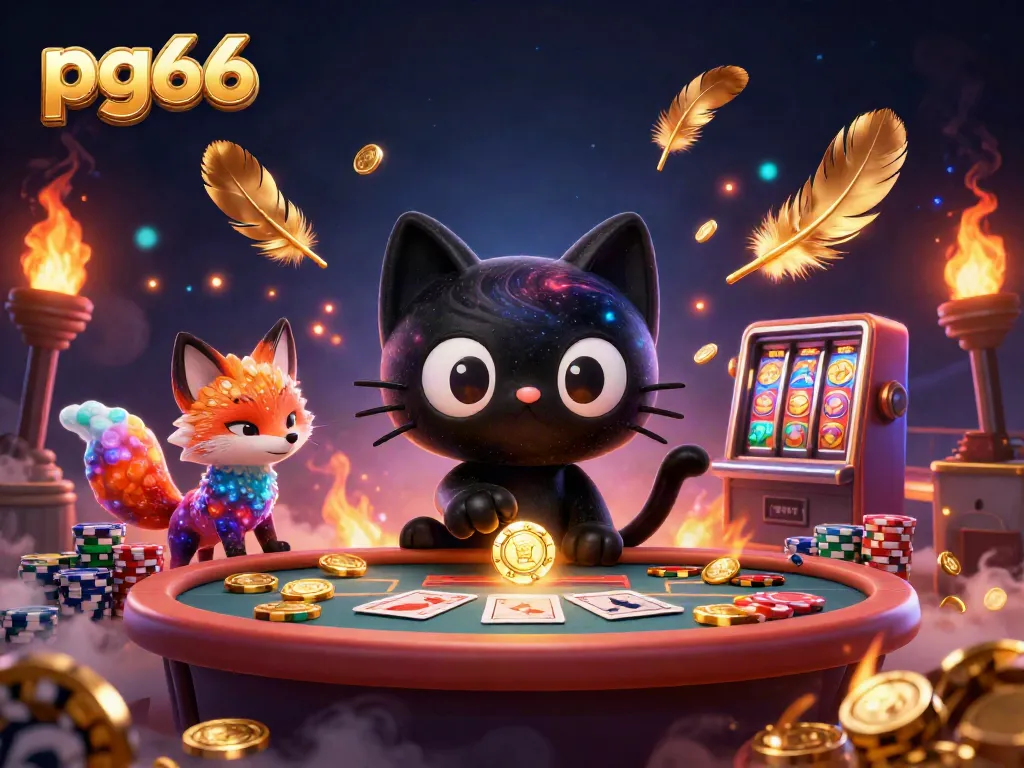 Engage with pg66, a vibrant casino scene showcasing a cosmic cat and nebula fox amidst swirling gambling elements.