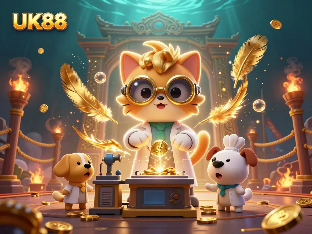 Experience the thrill of UK88 with a vibrant 3D illustration of exciting games and golden winnings.