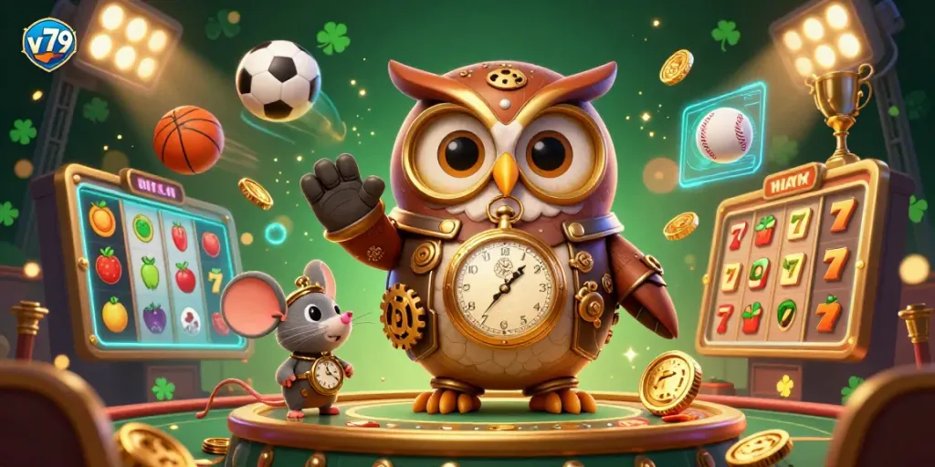 Engage in gaming with v79 visual, showcasing charming characters in a vibrant casino theme.