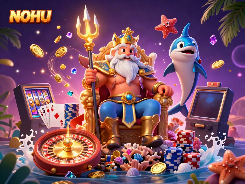 Experience thrilling casino moments with NOHU's vibrant 3D illustration of Neptune and treasure.