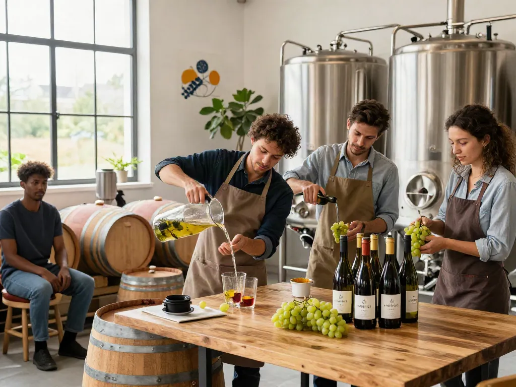 AVP Wine Collective winemakers collaborating in a modern winery, showcasing innovative winemaking techniques and community spirit.
