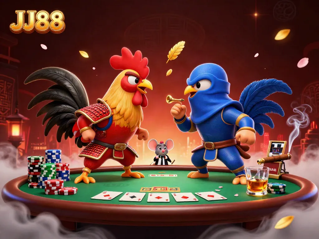 Experience thrilling action in JJ88's dynamic rooster showdown at an intense poker match.