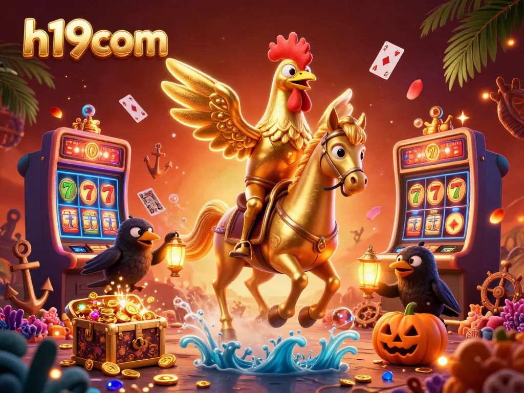 Experience thrilling jackpots at h19com with golden rooster and spectral horse in a vibrant casino scene.