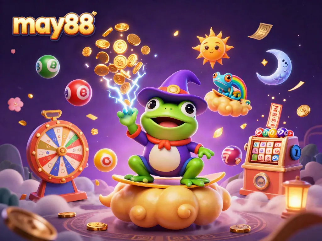 Experience the thrill with may88, featuring a wizard frog in a gold coin storm and colorful lottery elements.