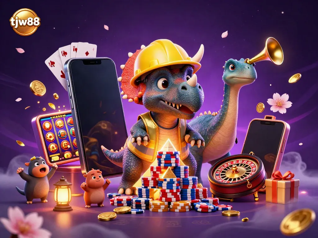 Engage with exciting gambling fun at tjw88 featuring a triceratops and friends celebrating wins.