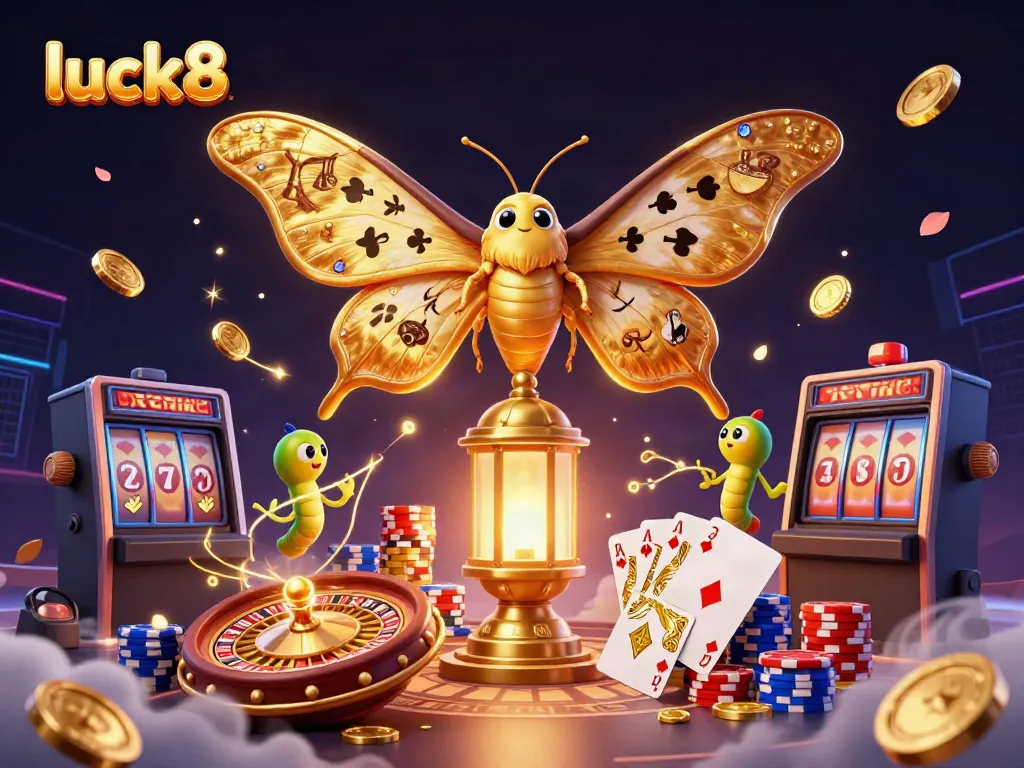 Immerse in luck8's vibrant casino world, featuring a colorful moth and exciting game elements.