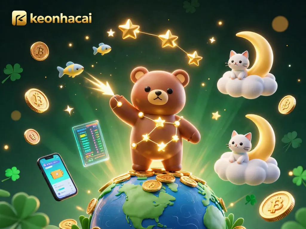 Engage in winning strategies with keonhacai as a golden constellation bear collects coins amidst cosmic elements.
