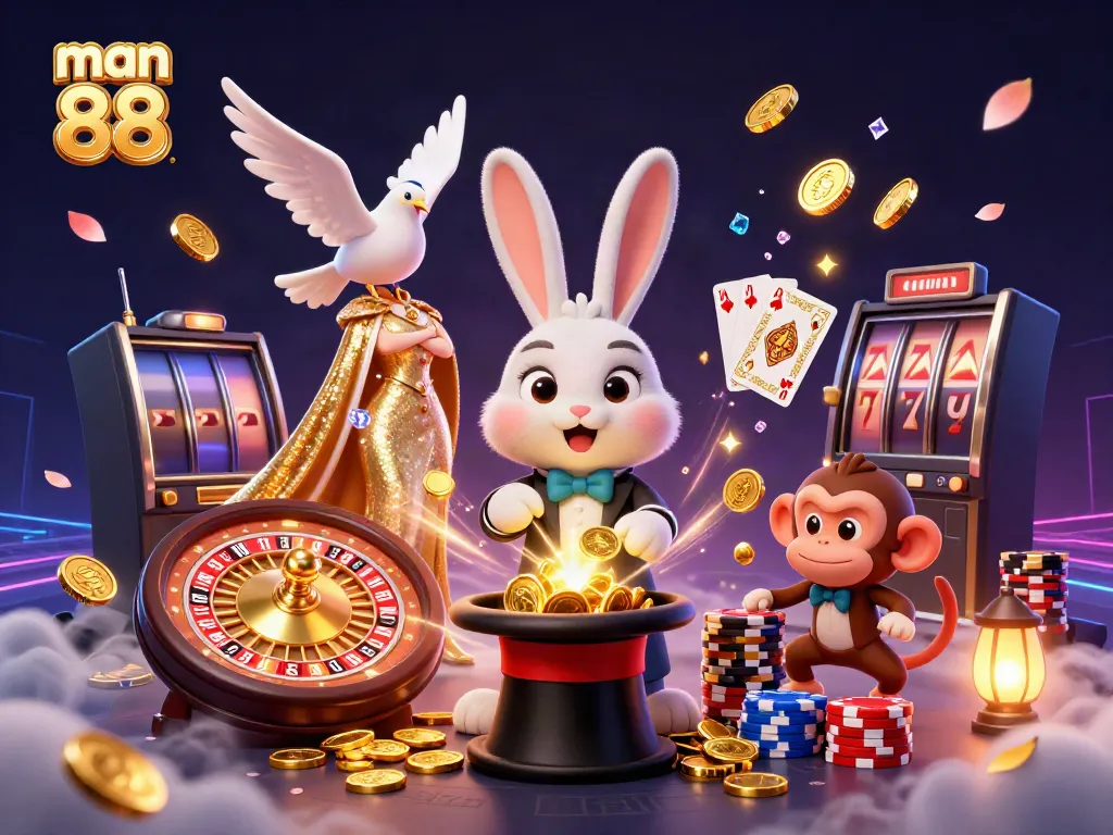 Engaging scene showcasing man 88 with a magician rabbit, dove, and monkey amid cascading casino elements.