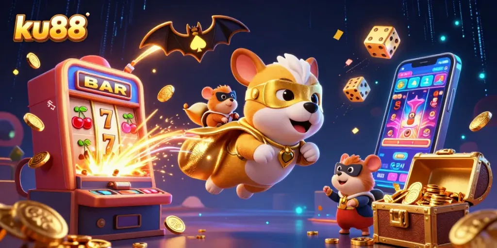 ku88 casino illustration featuring a superhero dog and his sidekick amidst gambling excitement with treasures