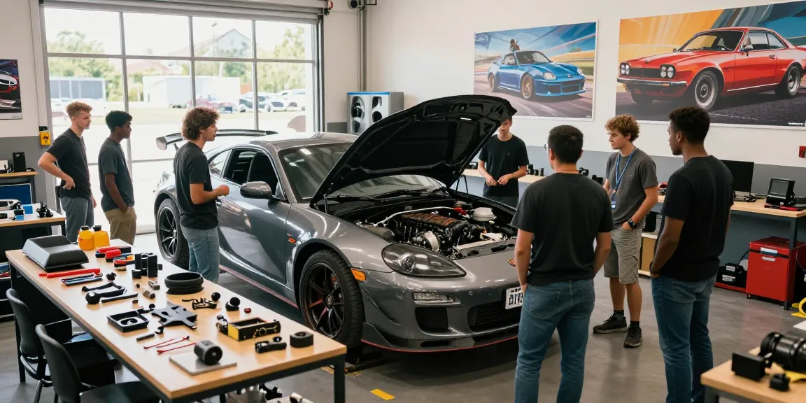 Car United enthusiasts engaging in automotive repair and customization in a vibrant workshop.