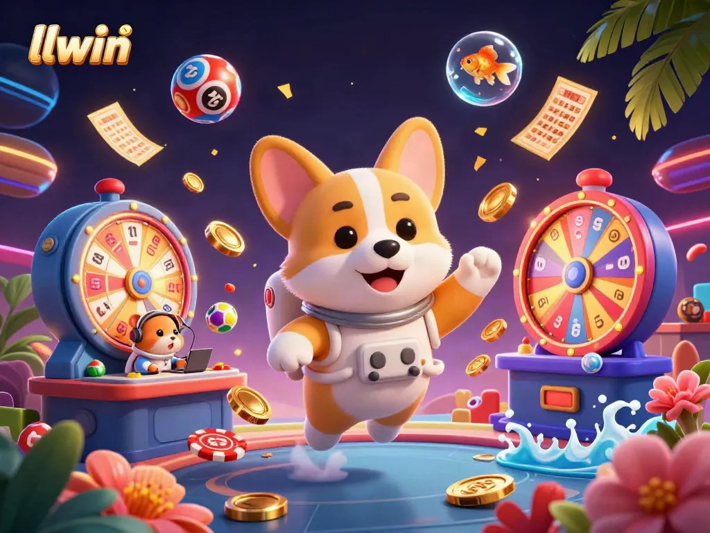 llwin showcases a whimsical 3D scene with a corgi and hamster in a casino filled with dynamic gaming elements.