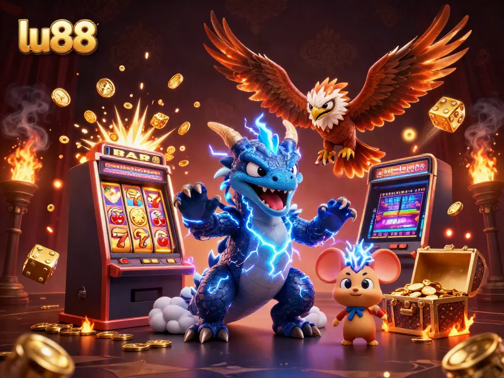 Experience thrilling wins at LU88 with a dynamic casino scene featuring dragons, slot machines, and golden treasures.