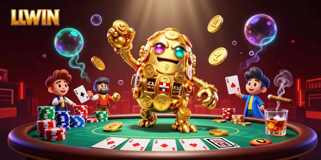 Experience the thrill of LLWIN with a golden golem and poker elements in this vibrant casino scene.