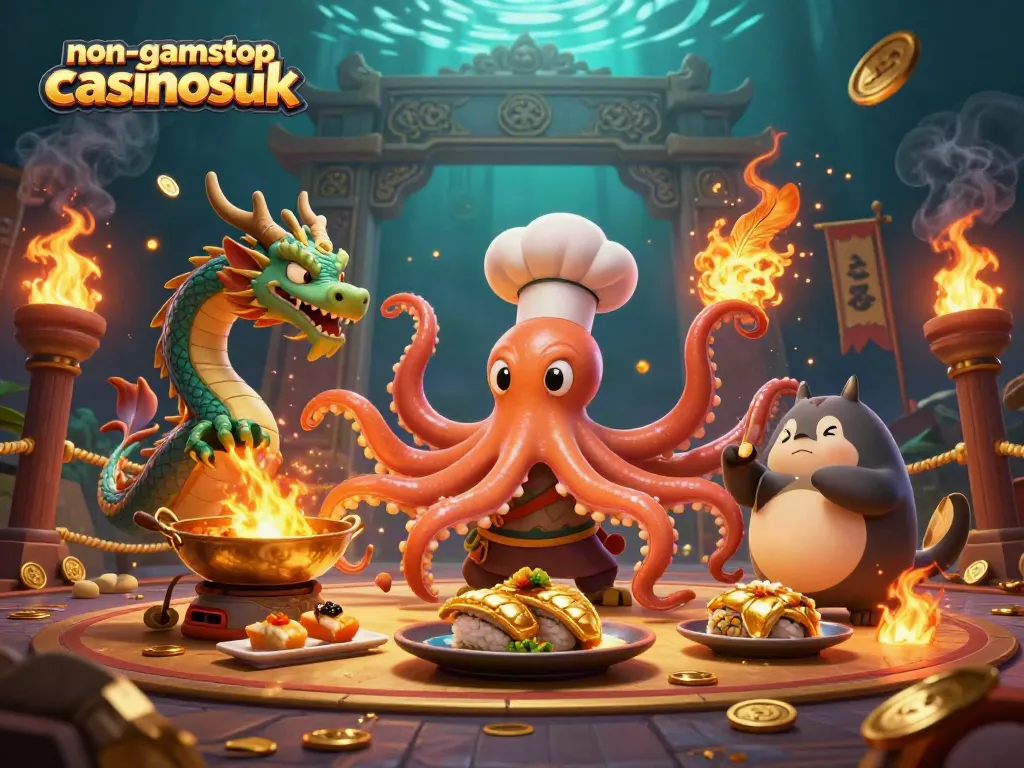 The scene showcases non-gamstop-casinosuk characters preparing golden dishes amid a vibrant casino atmosphere.
