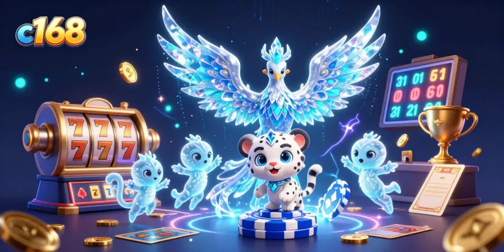 c168 engages players in vibrant casino action with a phoenix, leopard cub, and magical ice sprites.