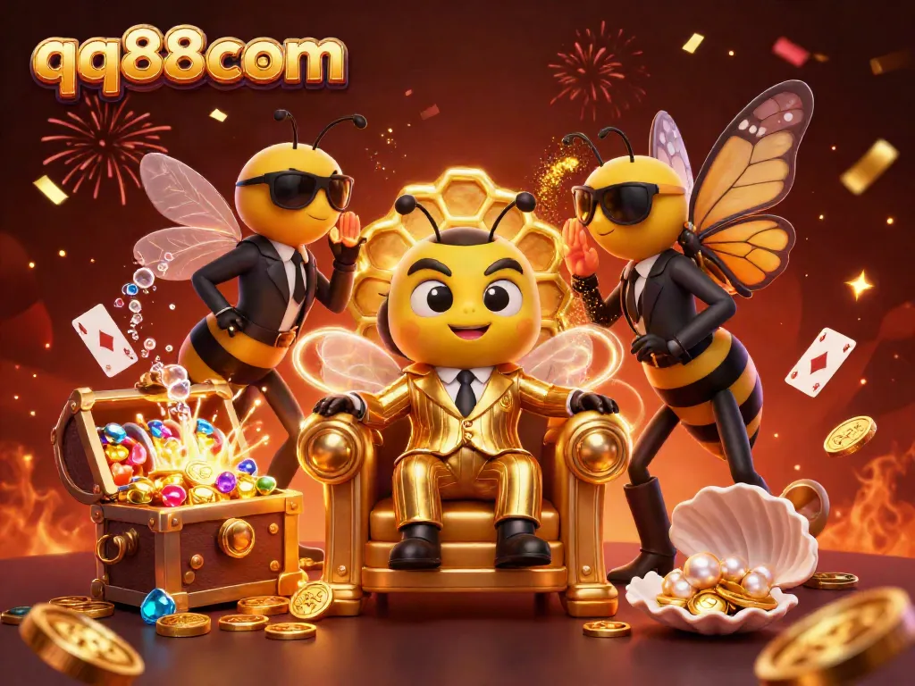 Experience thrills with qq88com in a vibrant casino scene featuring a bumblebee boss and sparkling slot machines.