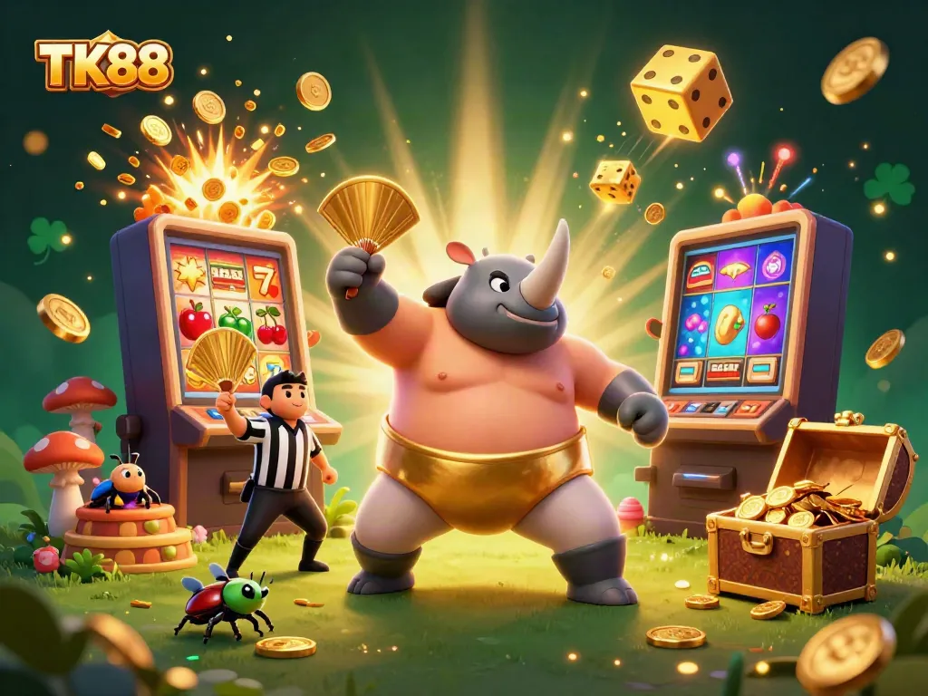 Experience the exciting TK88 betting environment with a vibrant 3D scene featuring a rhinoceros beetle champion.